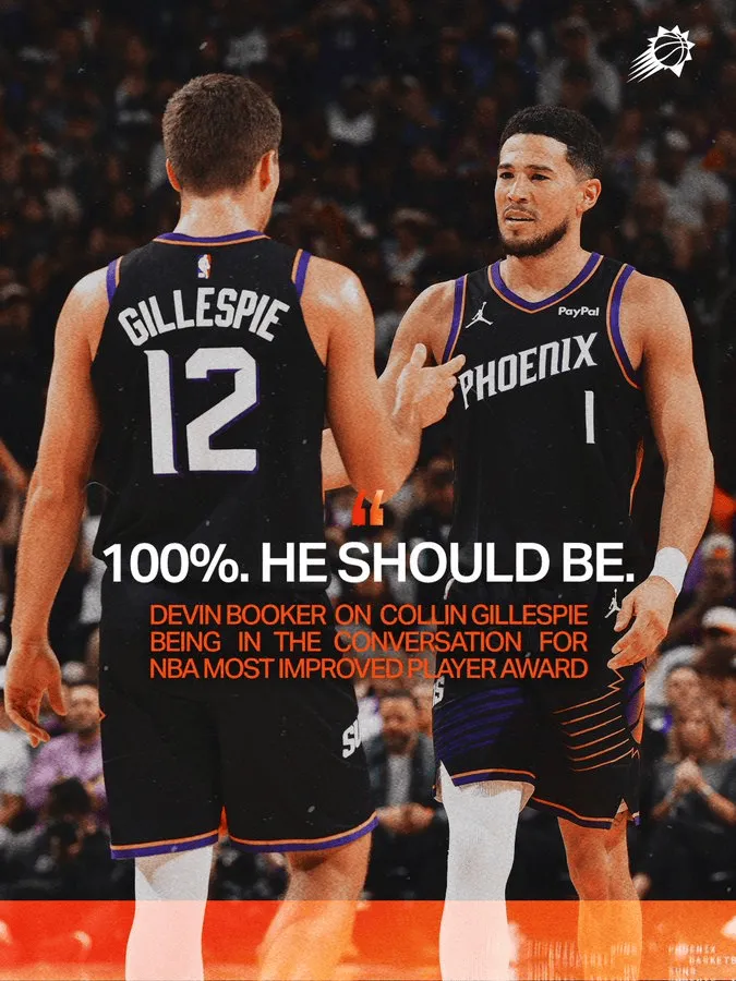 布克：吉莱斯皮绝对有机会冲击今年的最快进步球员奖